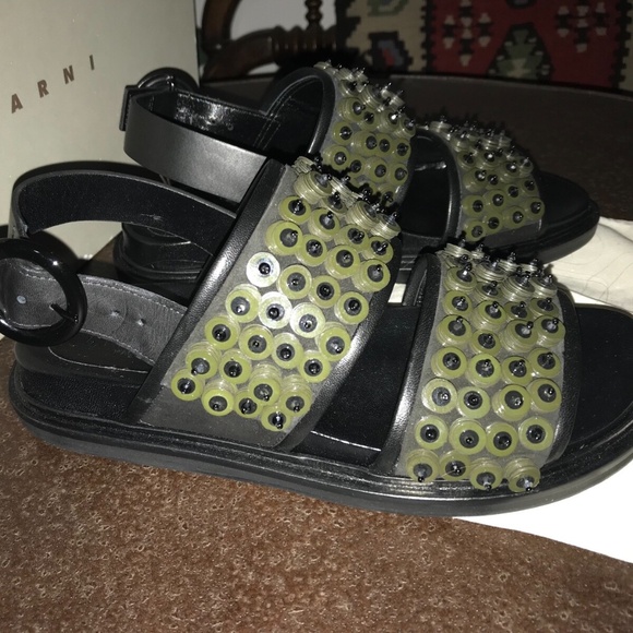 MARNI FUSSBETT Olive Green Rubber Studded Black Leather Sandals 37.5 - Picture 2 of 8